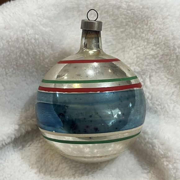 Vintage 1950’s Mercury Glass & Striped Ornament**U.S.A.**3.5”H** - Picture 3 of 9